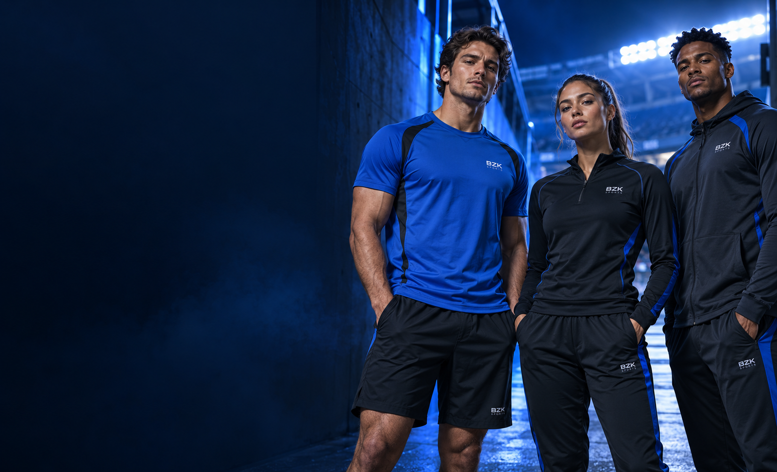 Athletes wearing blue and black BZK Sports performance apparel