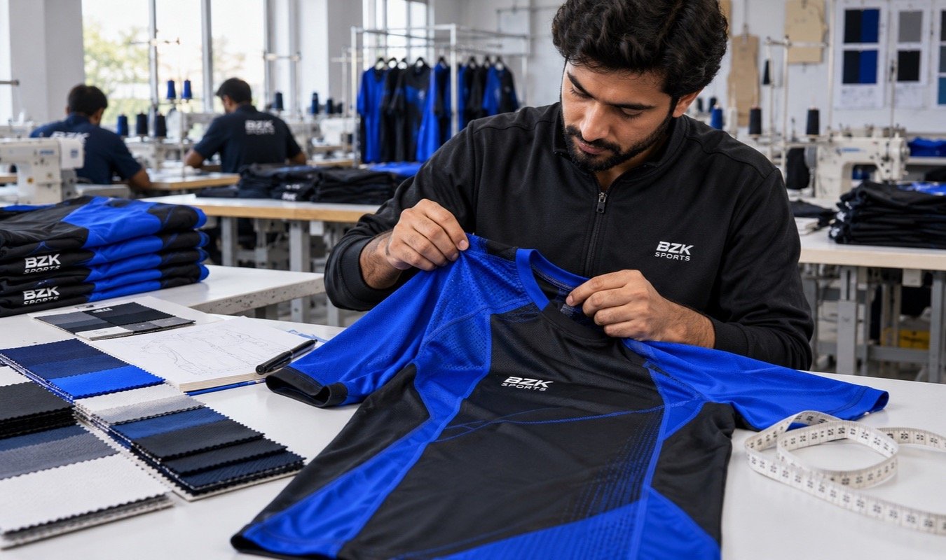 Checking garment construction and fabric samples in the workshop