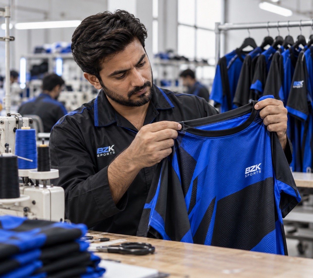 BZK craftsman inspecting a custom blue sports jersey in the workshop
