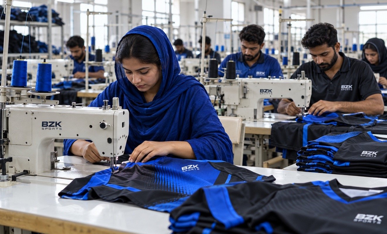 Team sewing sportswear on the production floor