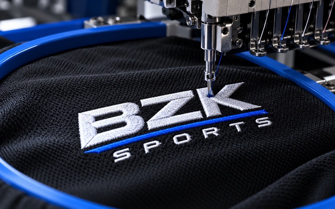 White BZK embroidery on dark fabric