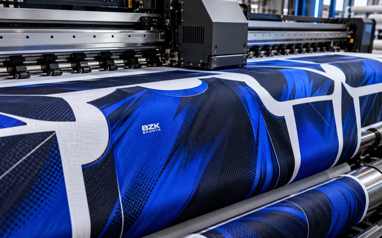 Blue jersey fabric moving through a sublimation printer