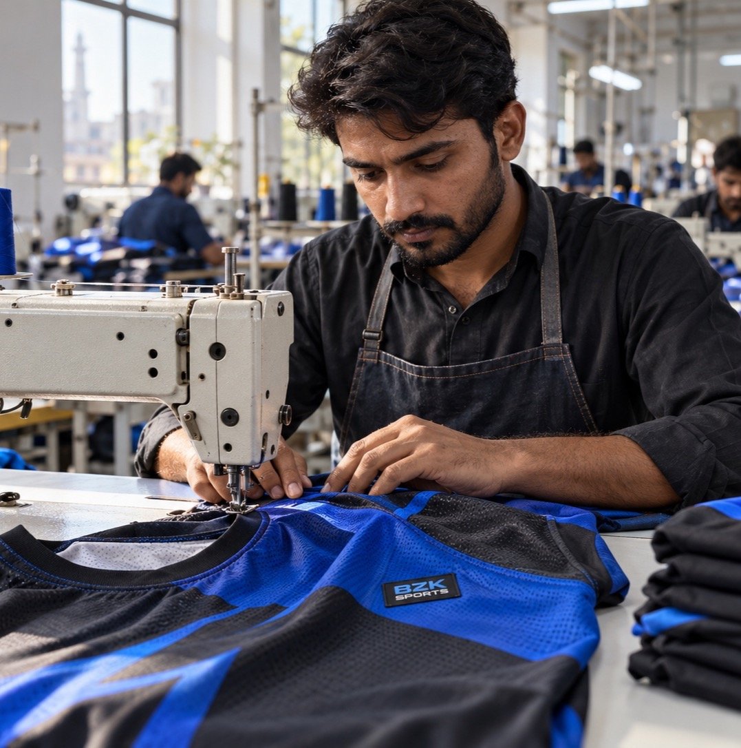 BZK Sports sewing specialist working on garment construction